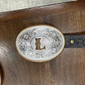 Montana Silversmiths “L” Silver Floral Engraved Oval Belt Buckle